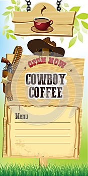 Cowboy style coffee shop banner