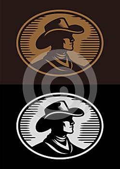 Cowboy stylized silhouette label belt buckle vector design photo