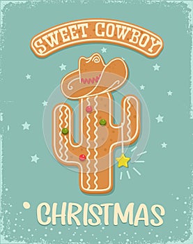 Cowboy sweet Christmas gingerbread cookie vintage card background with cactus, cowboy hat