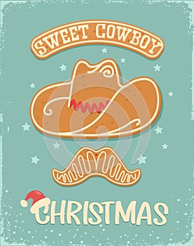 Cowboy sweet Christmas gingerbread cookie vintage card background with christmas text on old paper texture.