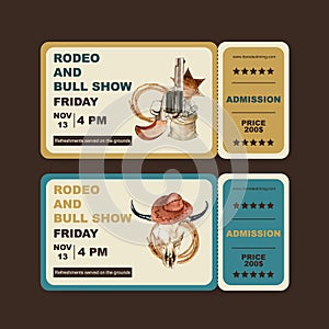 Cowboy ticket design with gun, money, cow skull watercolor illustration