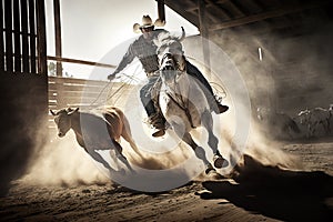 Cowboy about to lasso a running calf in a calf roping contest at a country rodeo, generative Ai