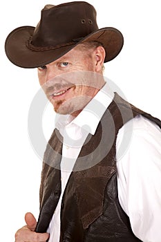 Cowboy in vest and hat look smirk smile