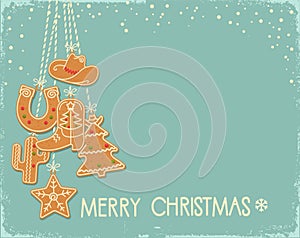 Cowboy vintage Christmas card with hanging christmas gingerbread cookies western style design. Vector