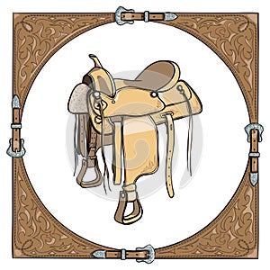 Cowboy western saddle in the leather frame background.