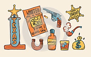 Cowboy western theme wild west concept. Includes elements such as a wanted list, a sheriff s badge, a revolver, a