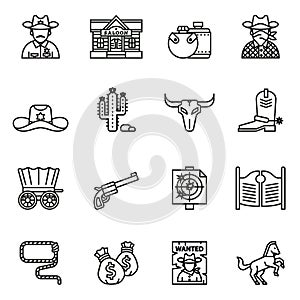 Cowboy, western, wild west icons set. Thin line style stock.