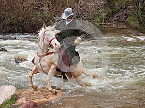 Cowboy on white horse crossing dangerous river