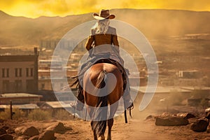 Cowboy woman on horse wild west. Generate Ai