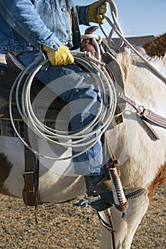 Cowboy wrangler ranch hand riding paint horse with saddle, boots and spurs carrying a lariat rope