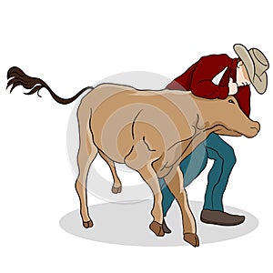 Cowboy Wrangling a Calf photo