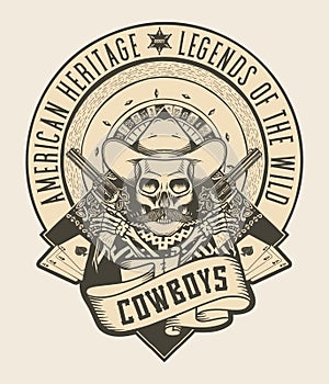 Cowboys - American heritage, legend of the wild - hat, guns, Poker chips and cards - T-Shirt design - vector illustration - White