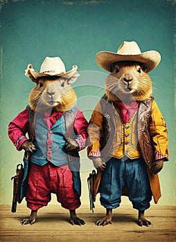 Cowboys capybara funny vintage illustration art poster. Capybara cheriff wearing in cowboy costume