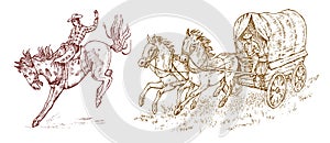 Cowboys in the carriage. Vintage horse harness or sheriff s cart. Western rodeo icon, Texas Ranger, Sheriff in hat. Wild