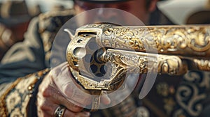 A cowboys hand wrapped tightly around the handle of a gilded rifle his intense gaze fixed on an unknown target in the