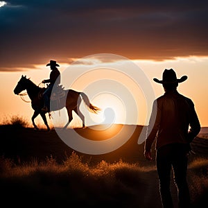 Cowboys on horseback galloping across the prairie against the backdrop of sunset.