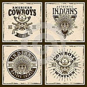 Cowboys and indians four colored vintage emblems, badges, labels or prints on western thematic. Vector illustration on