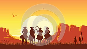 Cowboys riding horses at sunset. Vector prairie landscape with sun