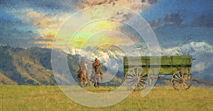 Cowboys riding range at sunset,photo art