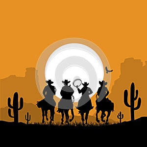 Cowboys silhouette riding horses at sunset desert landscape. Vector prairie desert with sun and sky American Desert landscape