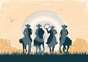 Cowboys silhouette riding horses at sunset landscape. Vintage vector prairie desert with sun and canyon on old paper texture