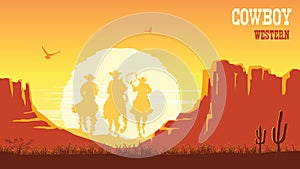 Cowboys silhouette riding horses at sunset. Vector prairie landscape with sun and canyon