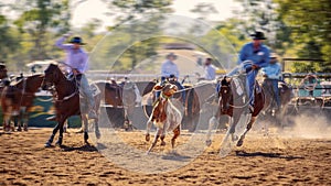 Cowboys Team Roping A Calf