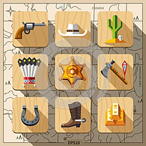 Cowboys and Wild West, flat icon set