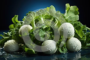 Cowed white radish and green broccoli on the blue