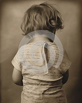 A cowering child with a handwritten note from their parents taped to its back. Psychology emotions concept. AI