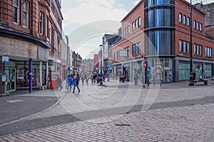 Cowgate, Constable Street in Scotland`s Dundee busy with Shoppers and Visitors