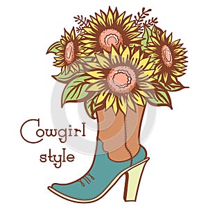 Cowgirl boot with floral bouquette and text. Ladies cowboy color vector boot illustration with flowers isolated on white photo
