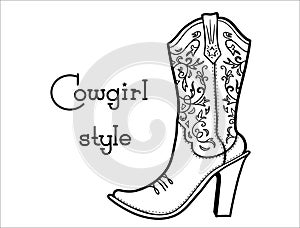 Cowgirl boot with floral pattern and text. Ladies cowboy vector boot illustration isolated on white