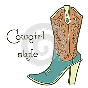 Cowgirl boot with floral pattern and text. Vintage ladies cowboy vector color boot illustration isolated on white