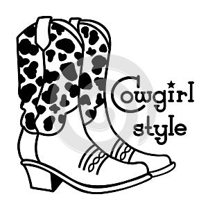 Cowgirl boots vector illustration. Vector Country cowboy boots with cow decoration isolated on white