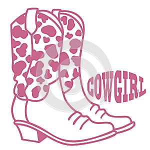 Cowgirl boots vector illustration. Vector western cowboy pink boots with cow decoration isolated on white