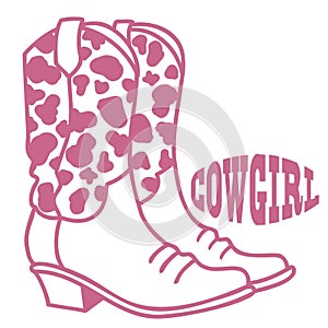 Cowgirl boots vector illustration. Vector western cowboy pink boots with cow decoration isolated on white photo