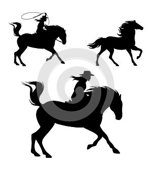 Cowgirl chasing mustang horse with lasso black vector silhouette