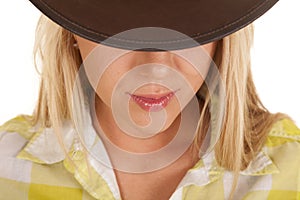 Cowgirl close head hat green plaid lips