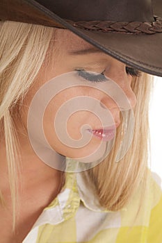 Cowgirl close head hat green plaid look down