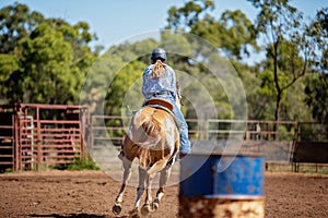 Cowgirl Competing In Barrel Racing At Outback Country Rodeo