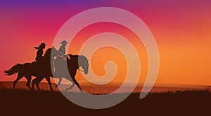 Cowgirl and cowboy riding horses in romantic sunset background