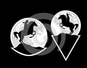 Cowgirl and cowboy riding rearing up horse and throwing lasso black vector silhouette sticker set