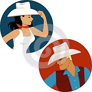 Cowgirl and cowboy round portrait badges photo