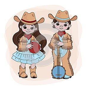 COWGIRL COWBOY Country Music Festival Vector Illustration Set