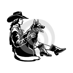 Cowgirl and Dog, Retro style Poster. Cut Ready vector illustration isolated