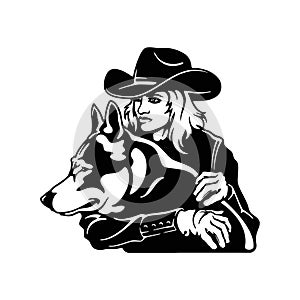 Cowgirl and Dog, Retro style Poster. Cut Ready vector illustration isolated