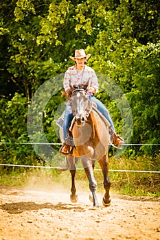 Cowgirl doing horse riding on countryside meadow