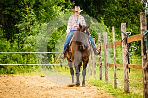 Cowgirl doing horse riding on countryside meadow