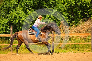 Cowgirl doing horse riding on countryside meadow